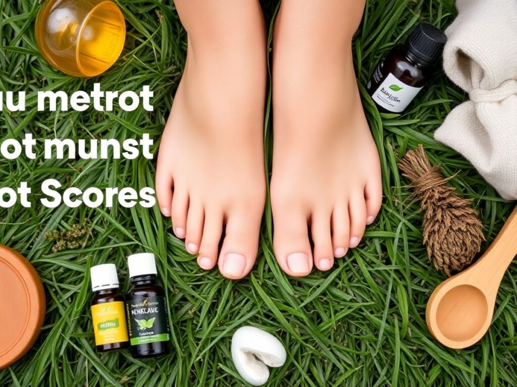 Healthy feet with natural remedies on soft green grass.